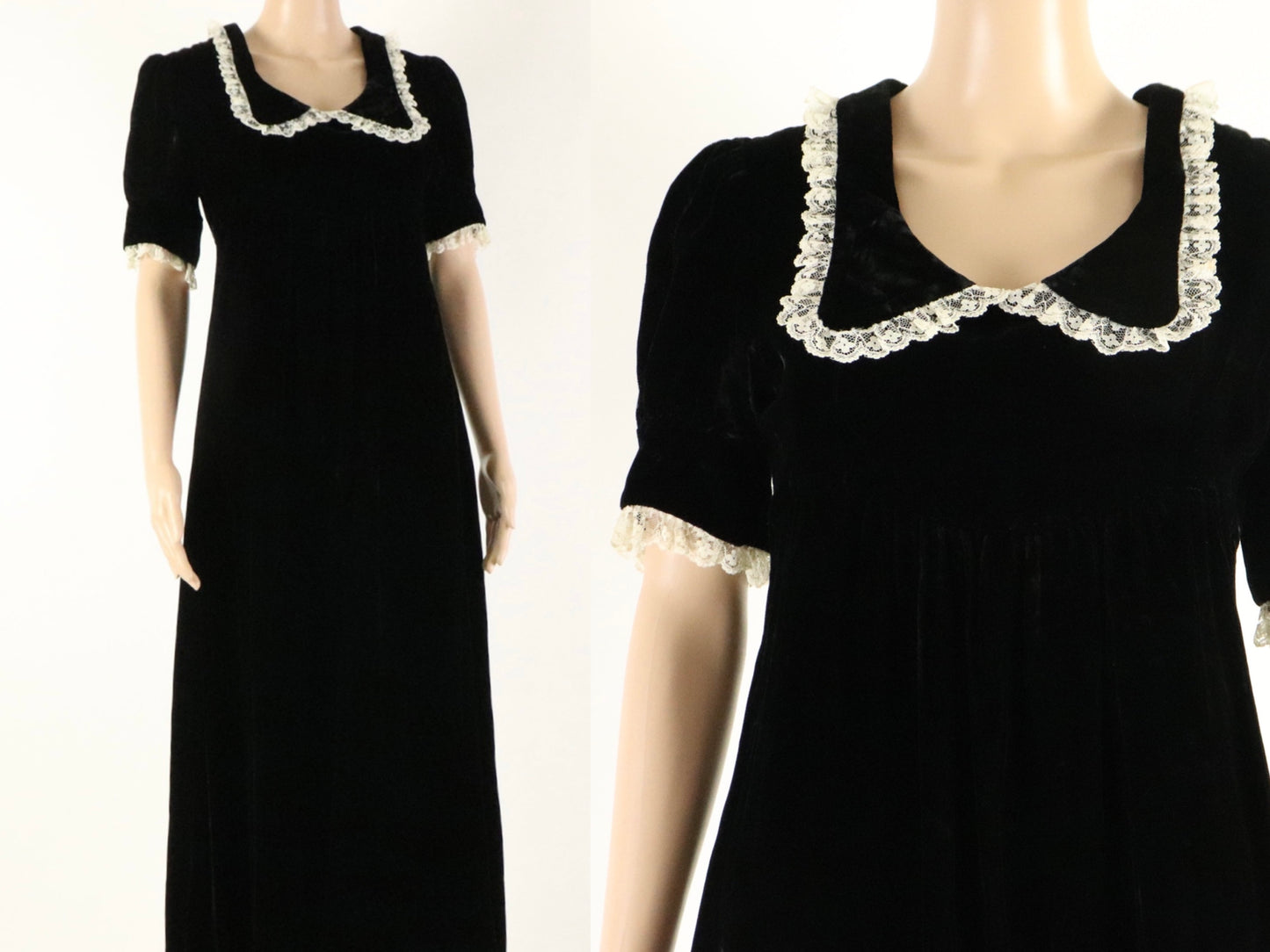 Black Collard Velvet Maxi Dress, 1970s Vintage
