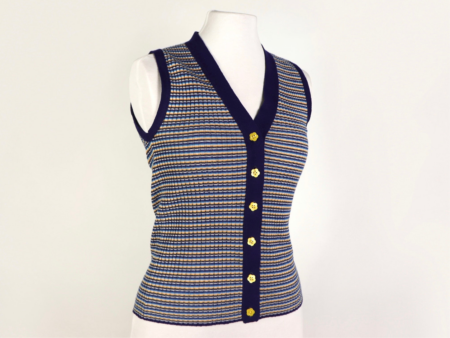 Yellow And Blue Striped Sweater Vest Top, 1970s Vintage