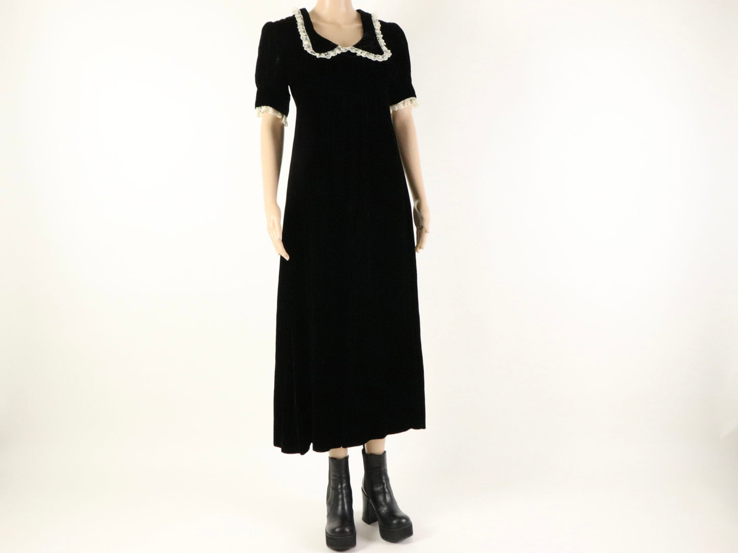 Black Collard Velvet Maxi Dress, 1970s Vintage