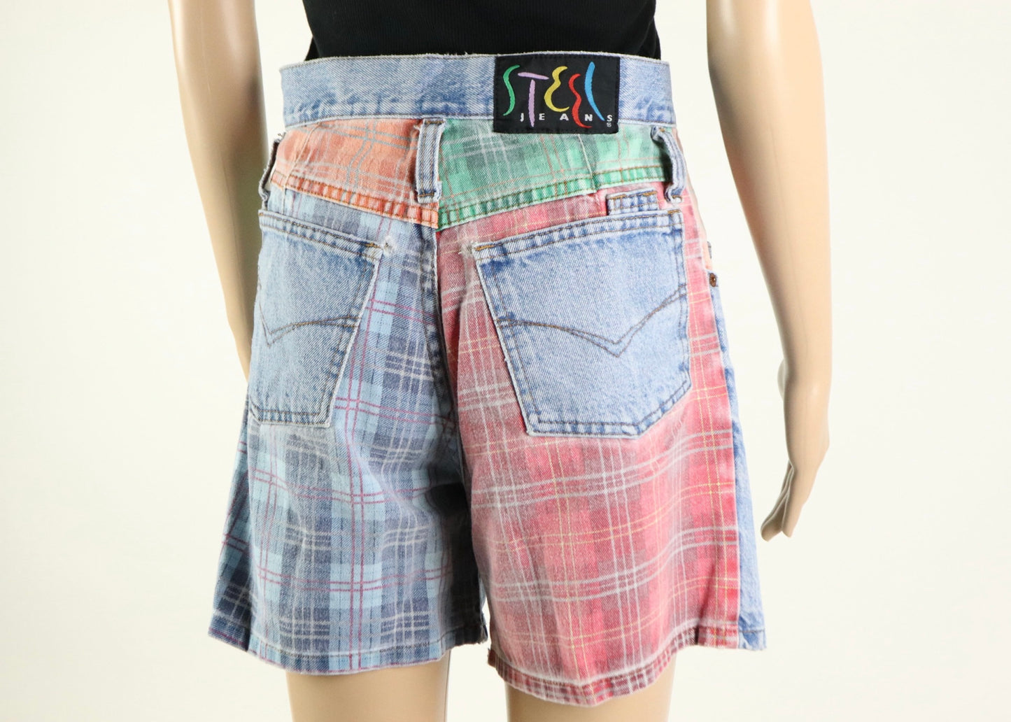High Waisted Plaid Patchwork Shorts, STEEL Jeans, 1990s Vintage
