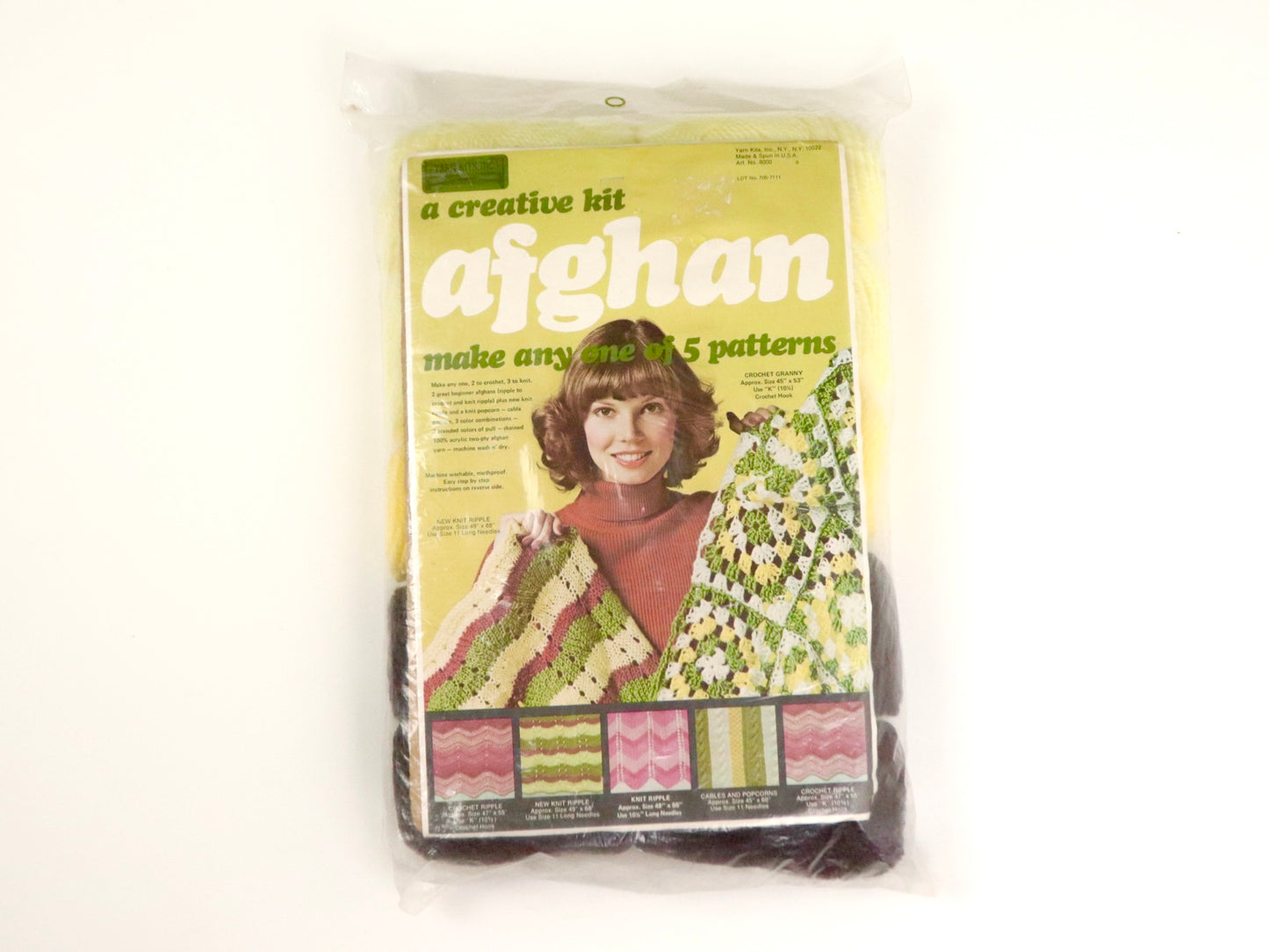 Yellow and Brown Yarn Kits Inc A Creative Kit Afghan 5 In 1 #8000 Made In USA, NEW, 1970s Vintage