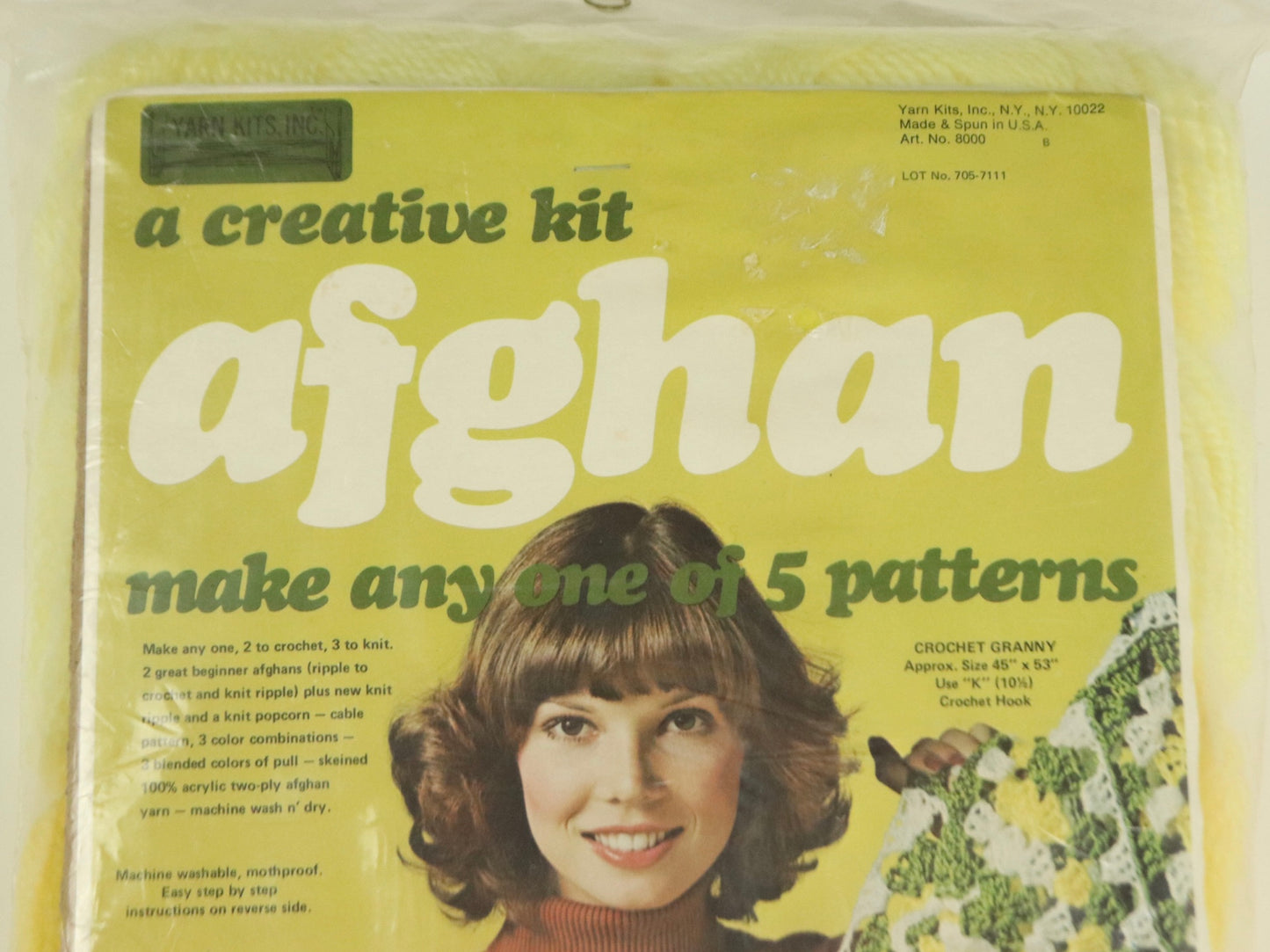 Yellow and Brown Yarn Kits Inc A Creative Kit Afghan 5 In 1 #8000 Made In USA, NEW, 1970s Vintage