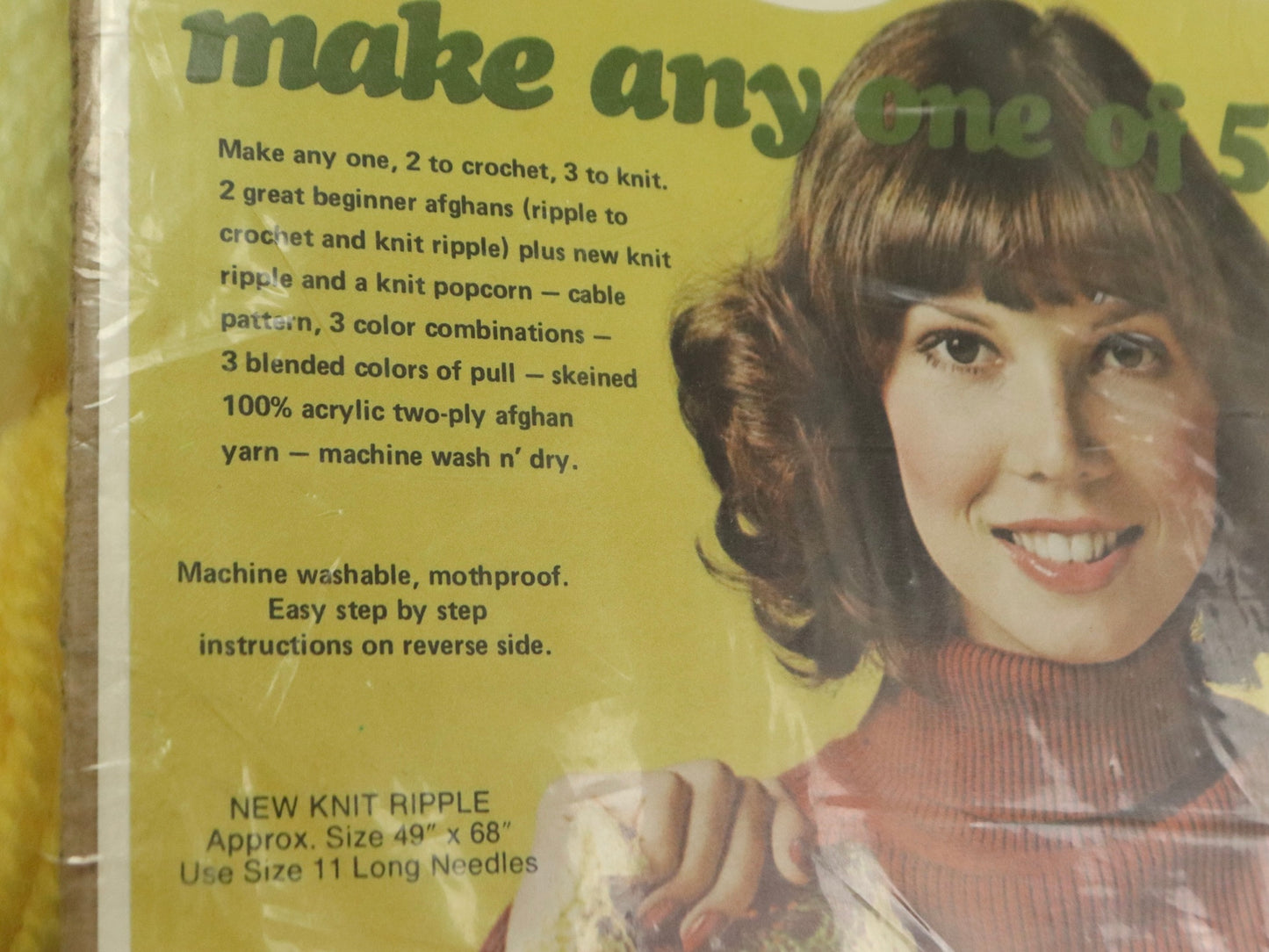 Yellow and Brown Yarn Kits Inc A Creative Kit Afghan 5 In 1 #8000 Made In USA, NEW, 1970s Vintage