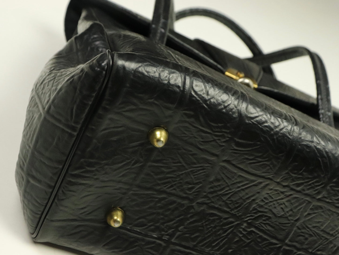 Structured Black Handbag, Croc-Embossed Leather with Gold-Tone Hardware, 1950s Vintage