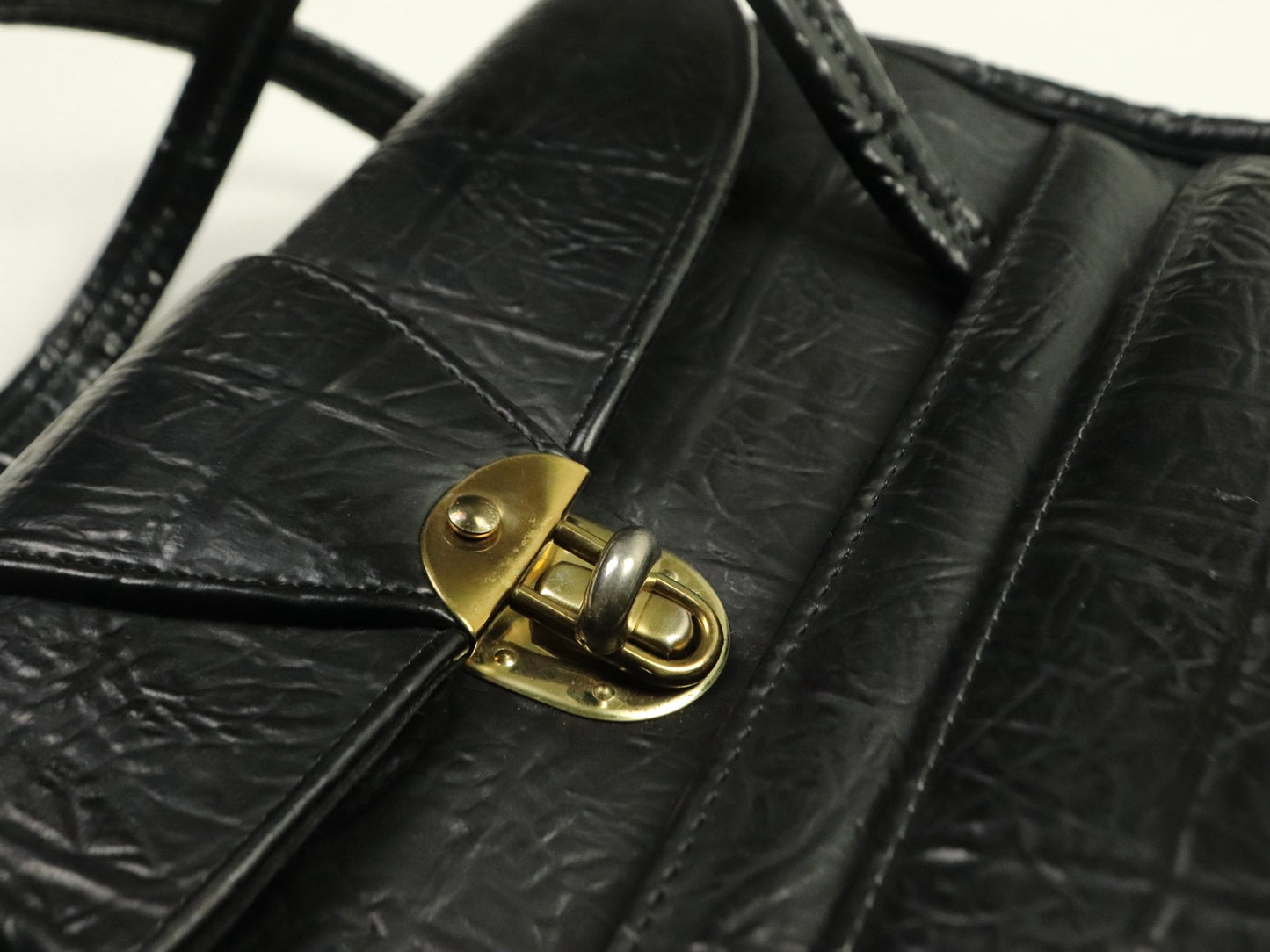 Structured Black Handbag, Croc-Embossed Leather with Gold-Tone Hardware, 1950s Vintage