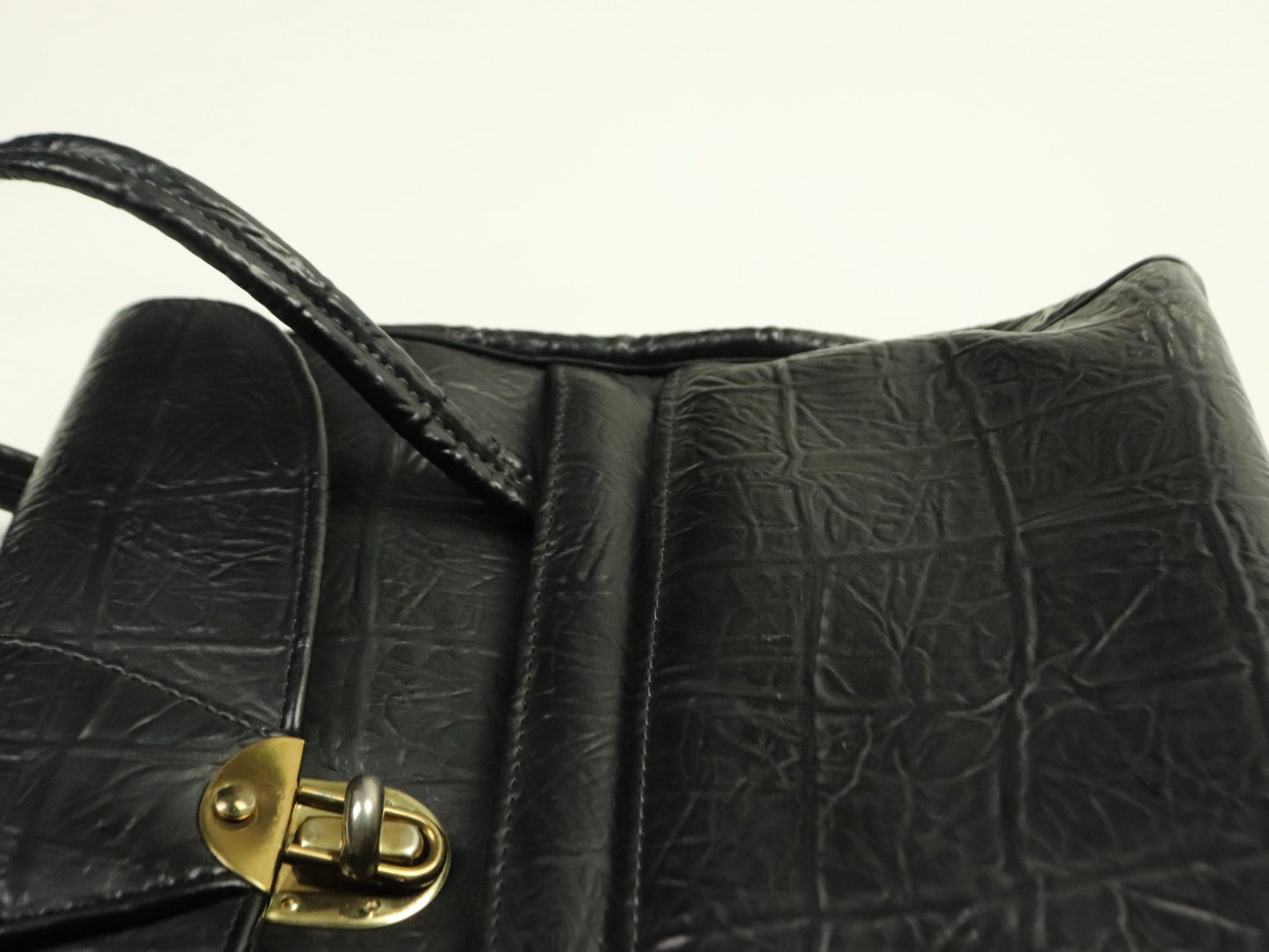 Structured Black Handbag, Croc-Embossed Leather with Gold-Tone Hardware, 1950s Vintage