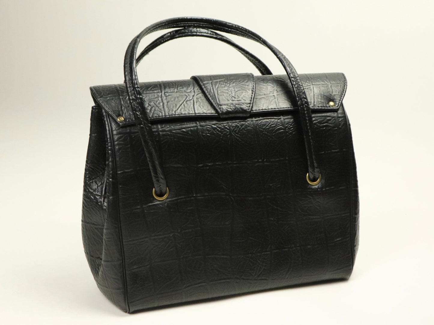 Structured Black Handbag, Croc-Embossed Leather with Gold-Tone Hardware, 1950s Vintage