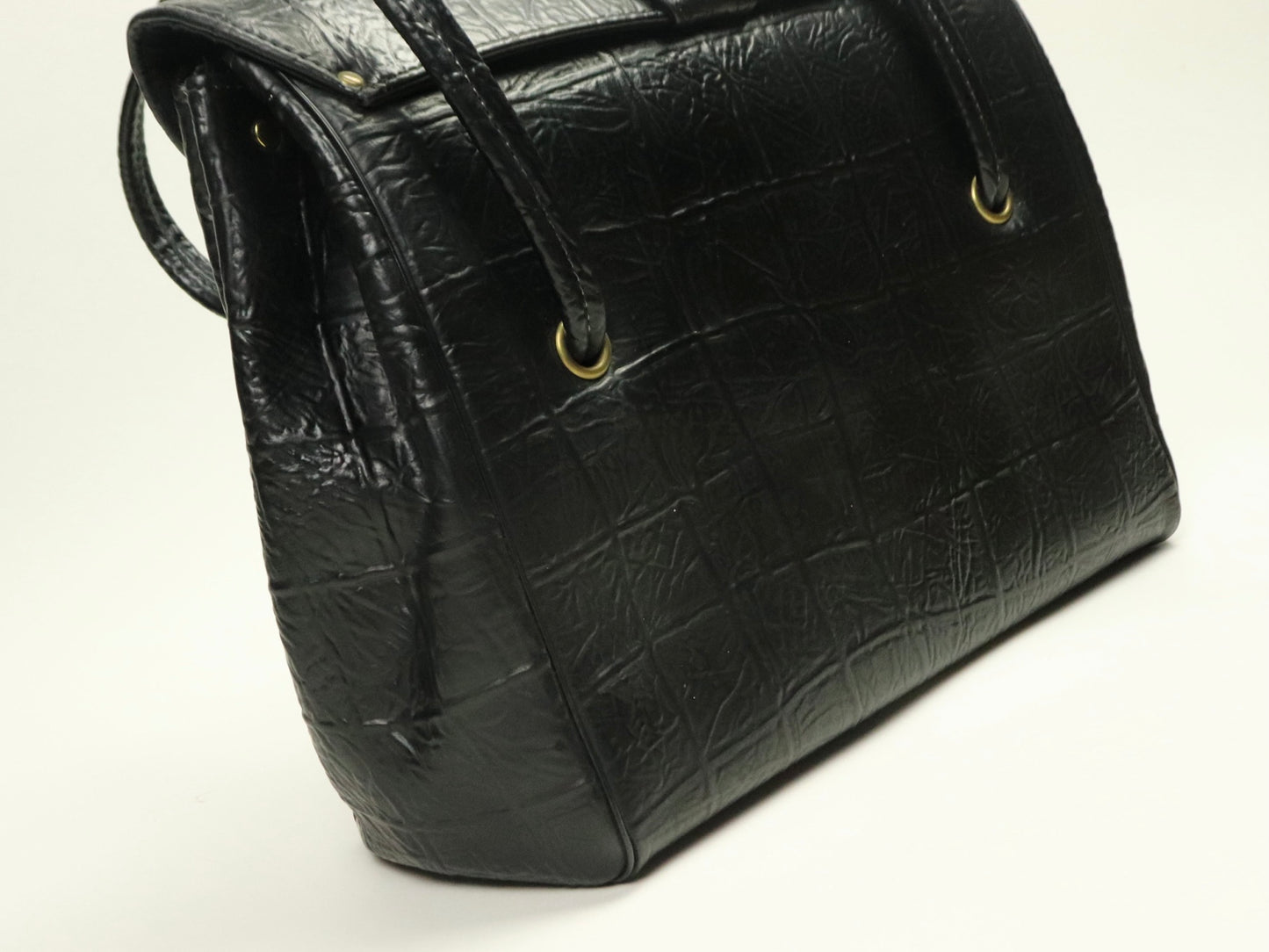 Structured Black Handbag, Croc-Embossed Leather with Gold-Tone Hardware, 1950s Vintage