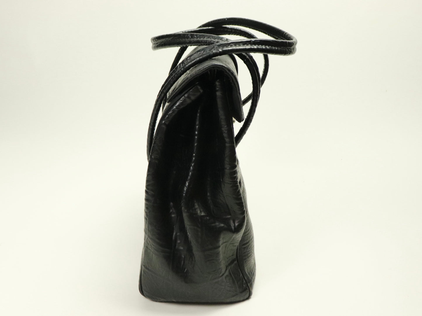 Structured Black Handbag, Croc-Embossed Leather with Gold-Tone Hardware, 1950s Vintage
