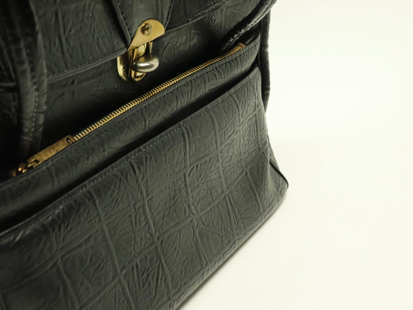 Structured Black Handbag, Croc-Embossed Leather with Gold-Tone Hardware, 1950s Vintage