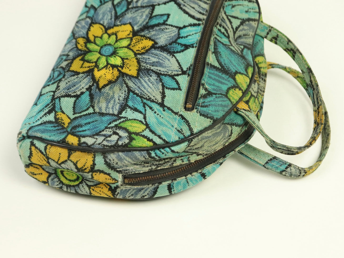 Aqua Blue Floral Mod canvas Makeup Case/Purse, 1960s Vintage