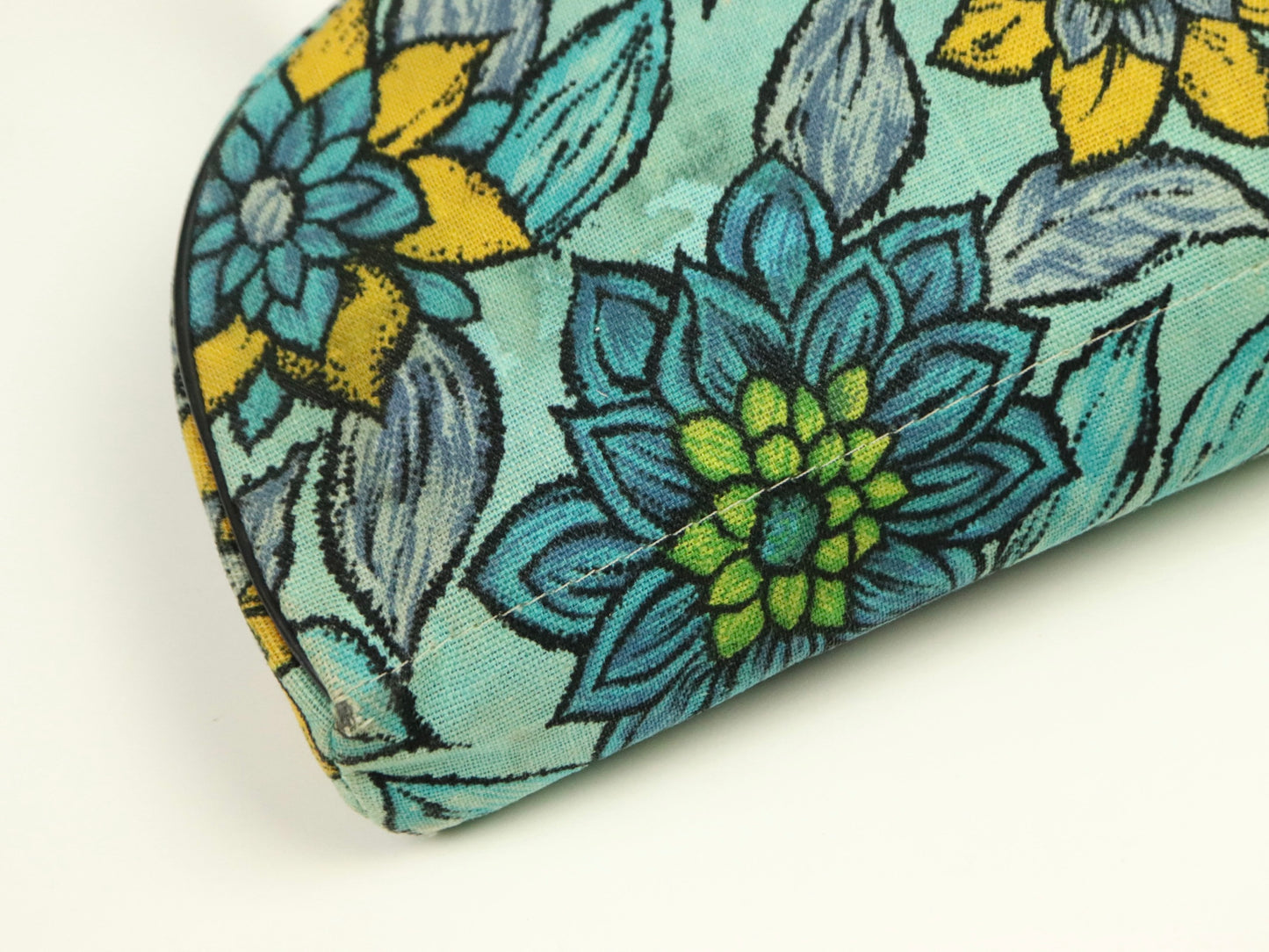 Aqua Blue Floral Mod canvas Makeup Case/Purse, 1960s Vintage