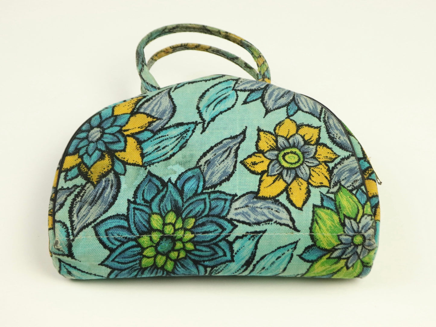 Aqua Blue Floral Mod canvas Makeup Case/Purse, 1960s Vintage