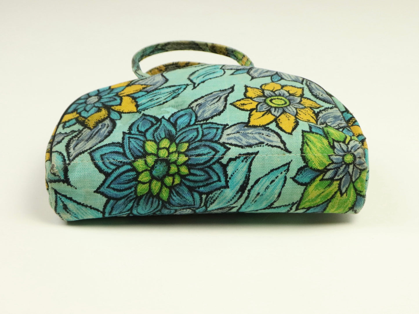 Aqua Blue Floral Mod canvas Makeup Case/Purse, 1960s Vintage