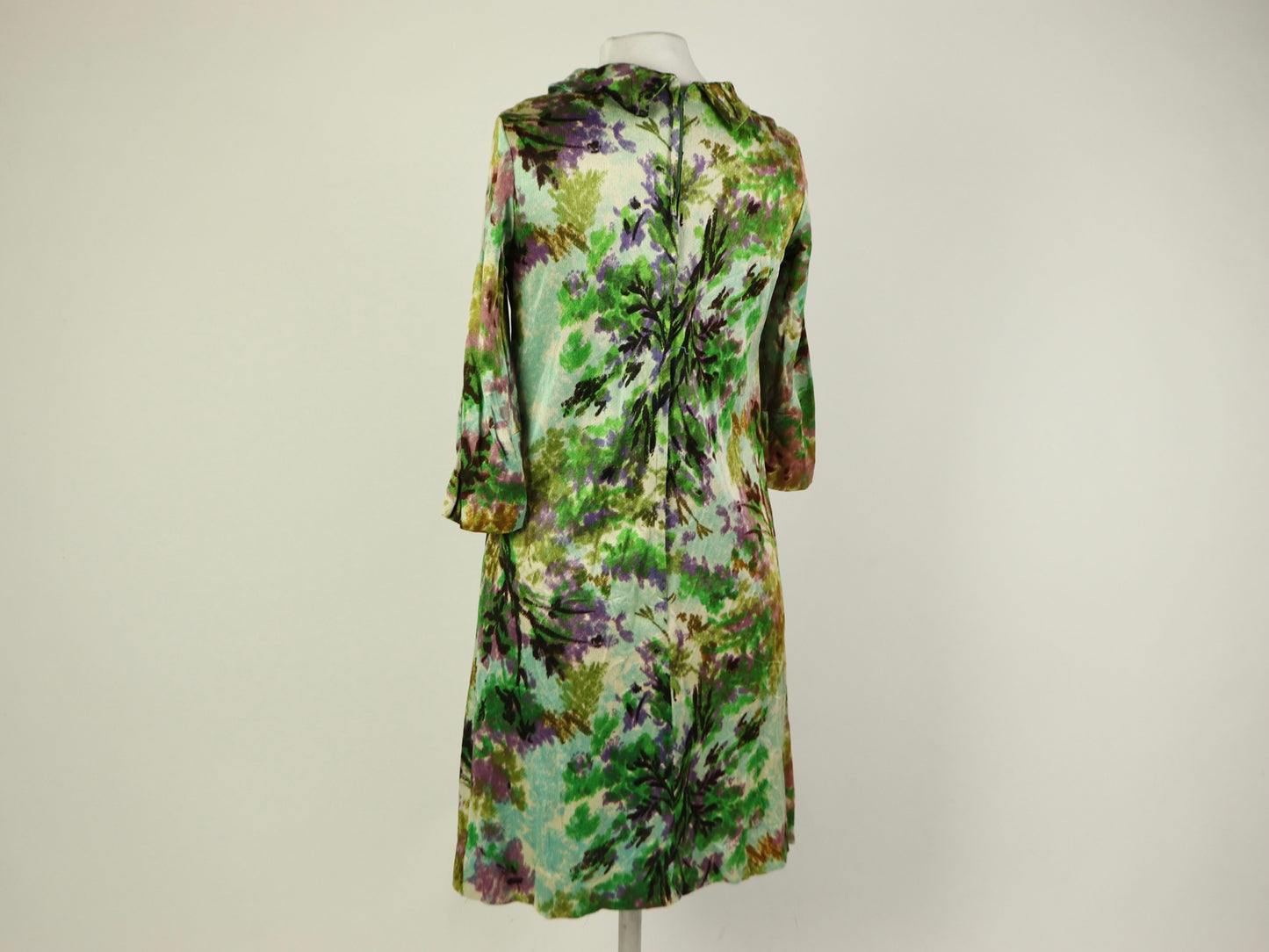 Green Floral Moc-Neck Dress, 1960s Vintage