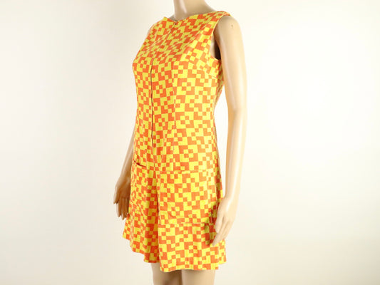 Yellow And Orange Abstract Checkered Romper, 1970s Vintage