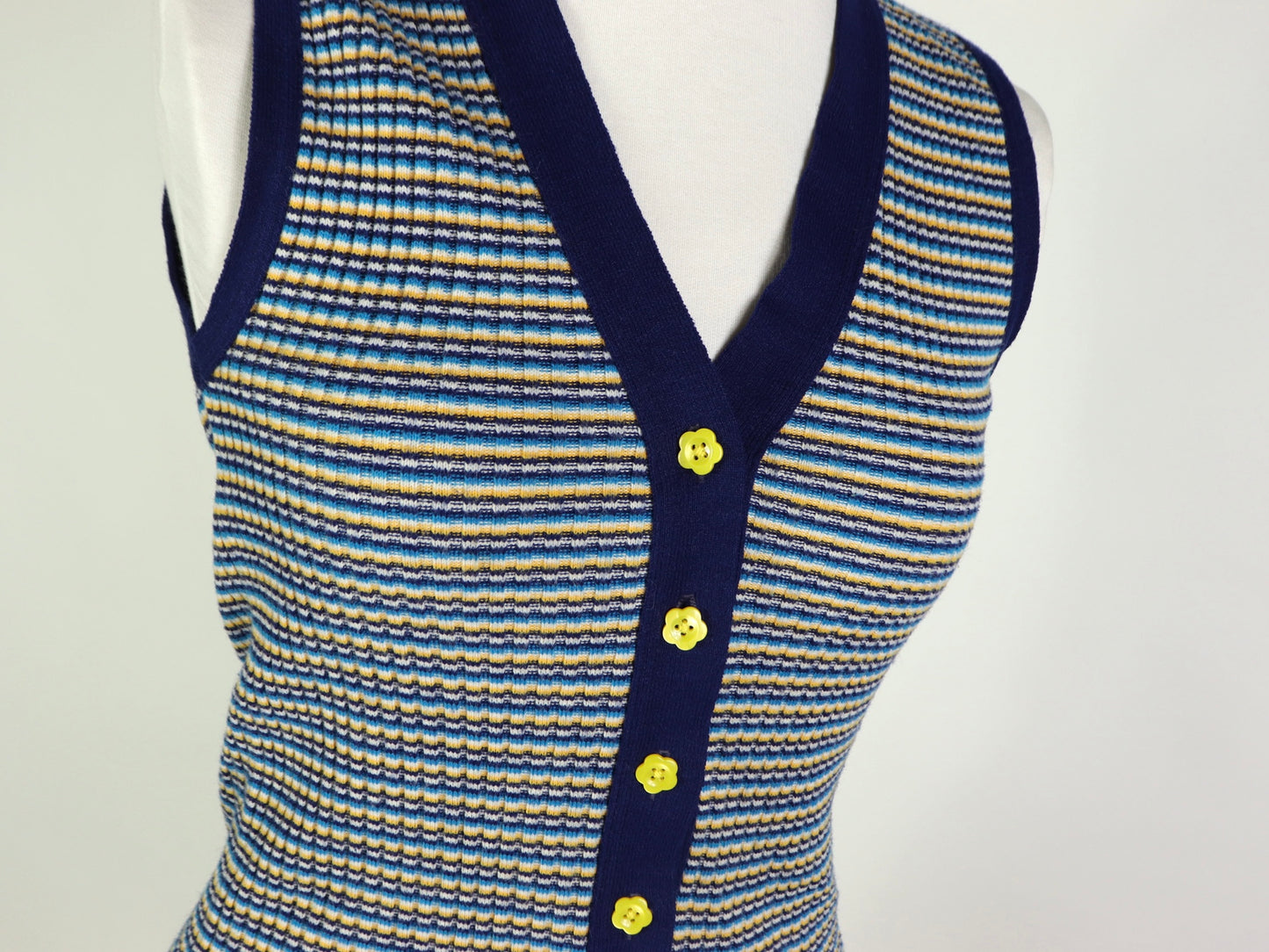 Yellow And Blue Striped Sweater Vest Top, 1970s Vintage