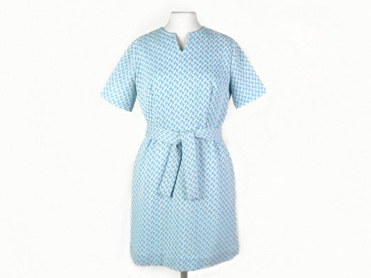 Blue Geometric Short Sleeve Dress, 1970s Vintage