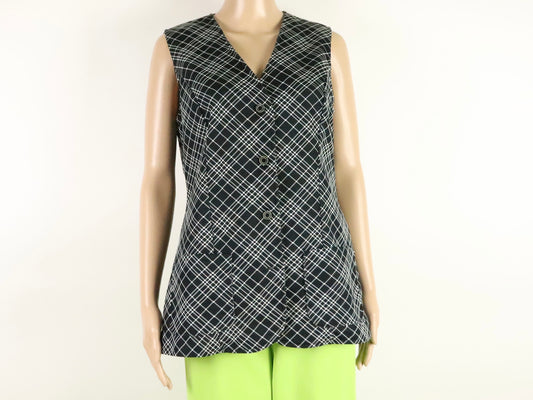 Black Plaid Vest Top, Queen Casuals, 1970s Vintage