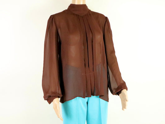 Brown High Neck Blouse, 1970s Vintage