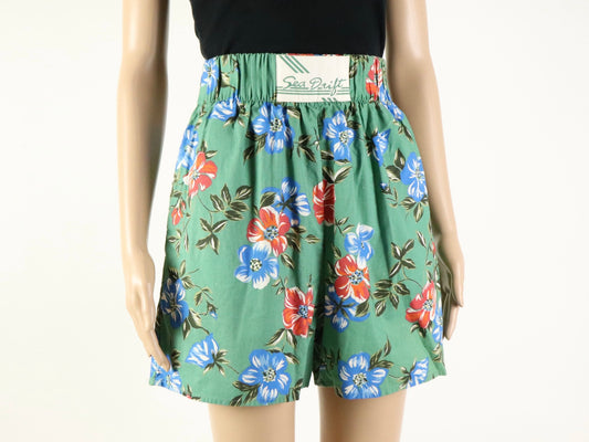 Green High Wasted Tropical Lounge Shorts, Sea Delight, 1980s Vintage