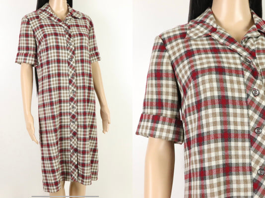 Red Plaid Button Up Dress, 1960s Vintage