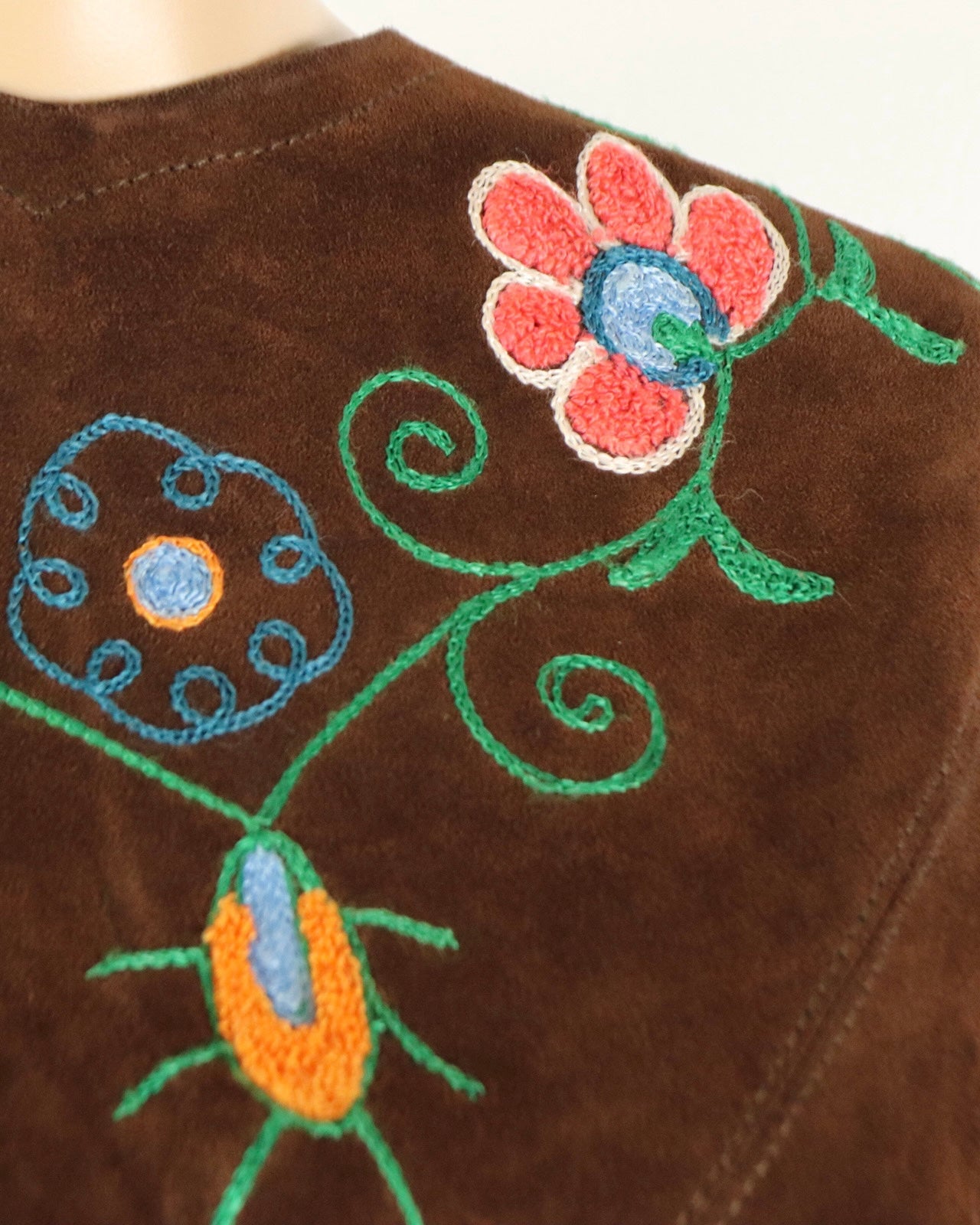 Brown Suede Embroidered Poncho, 1970s Vintage