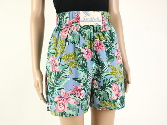Blue High Wasted Tropical Lounge Shorts, Sea Delight, 1980s Vintage