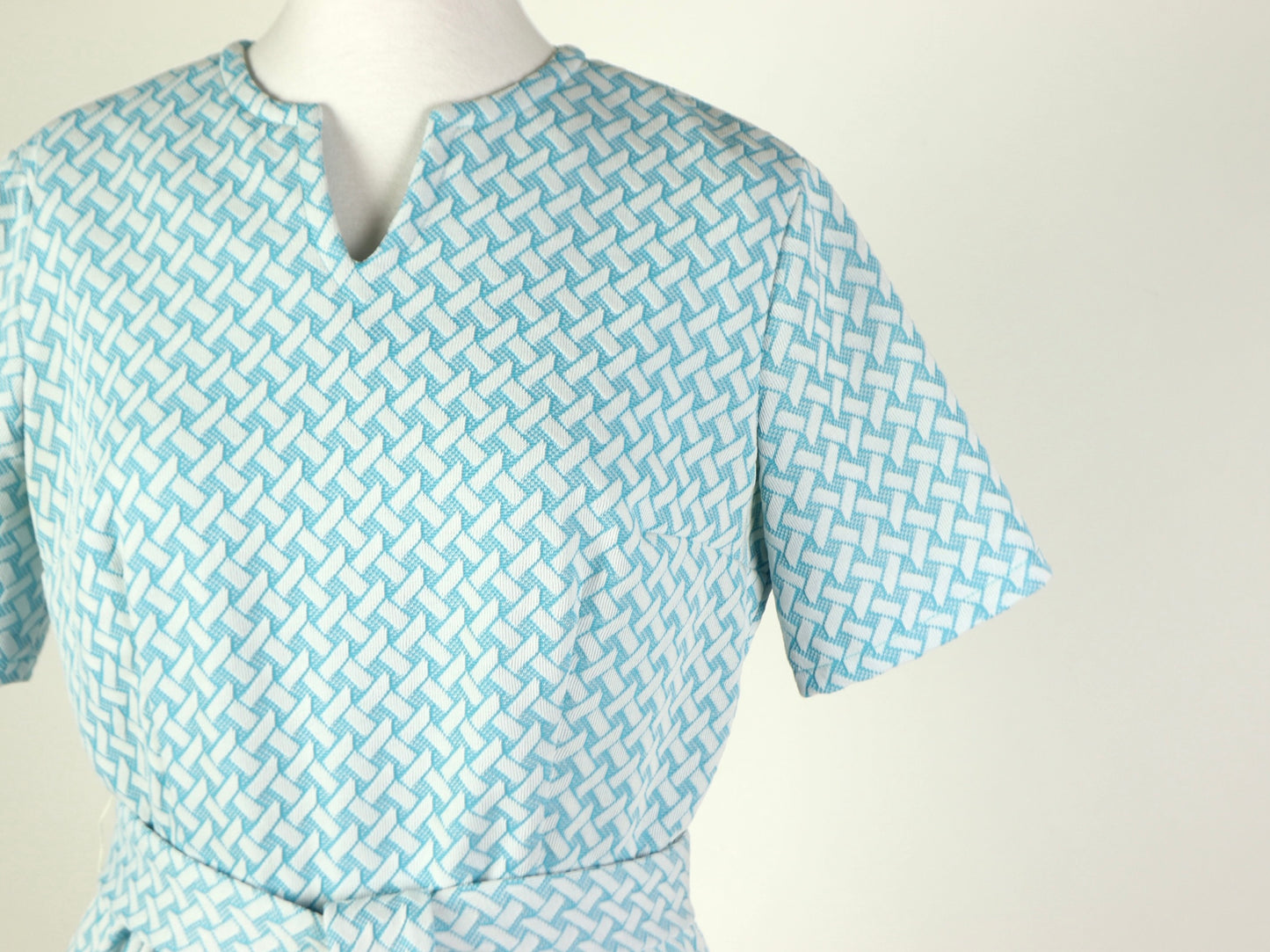 Blue Geometric Short Sleeve Dress, 1970s Vintage