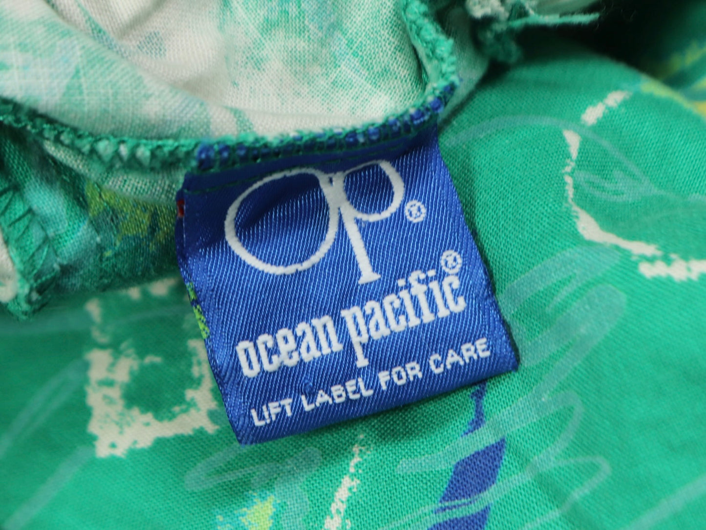 Green Abstract Long Shorts, Ocean Pacific, 1990s Vintage