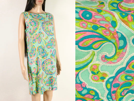 Blue Paisley Psychedelic Mini Dress, 1970s Vintage
