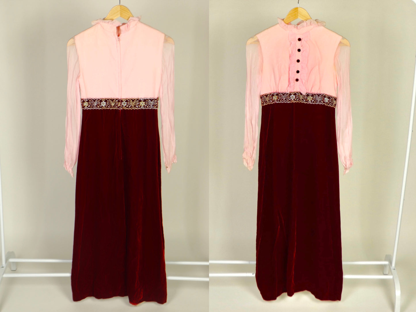 Red And Pink Velvet Maxi Dress, 1970s Vintage