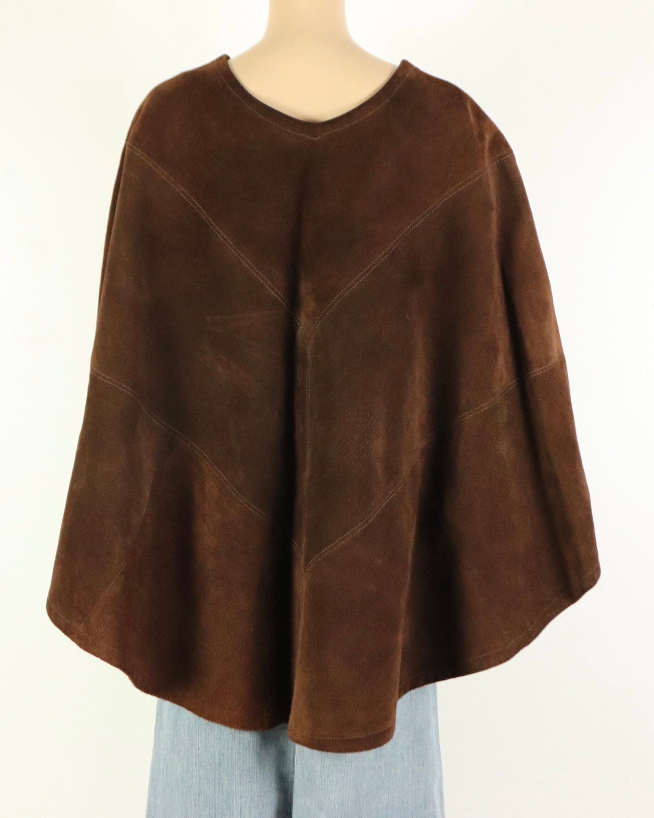 Brown Suede Embroidered Poncho, 1970s Vintage