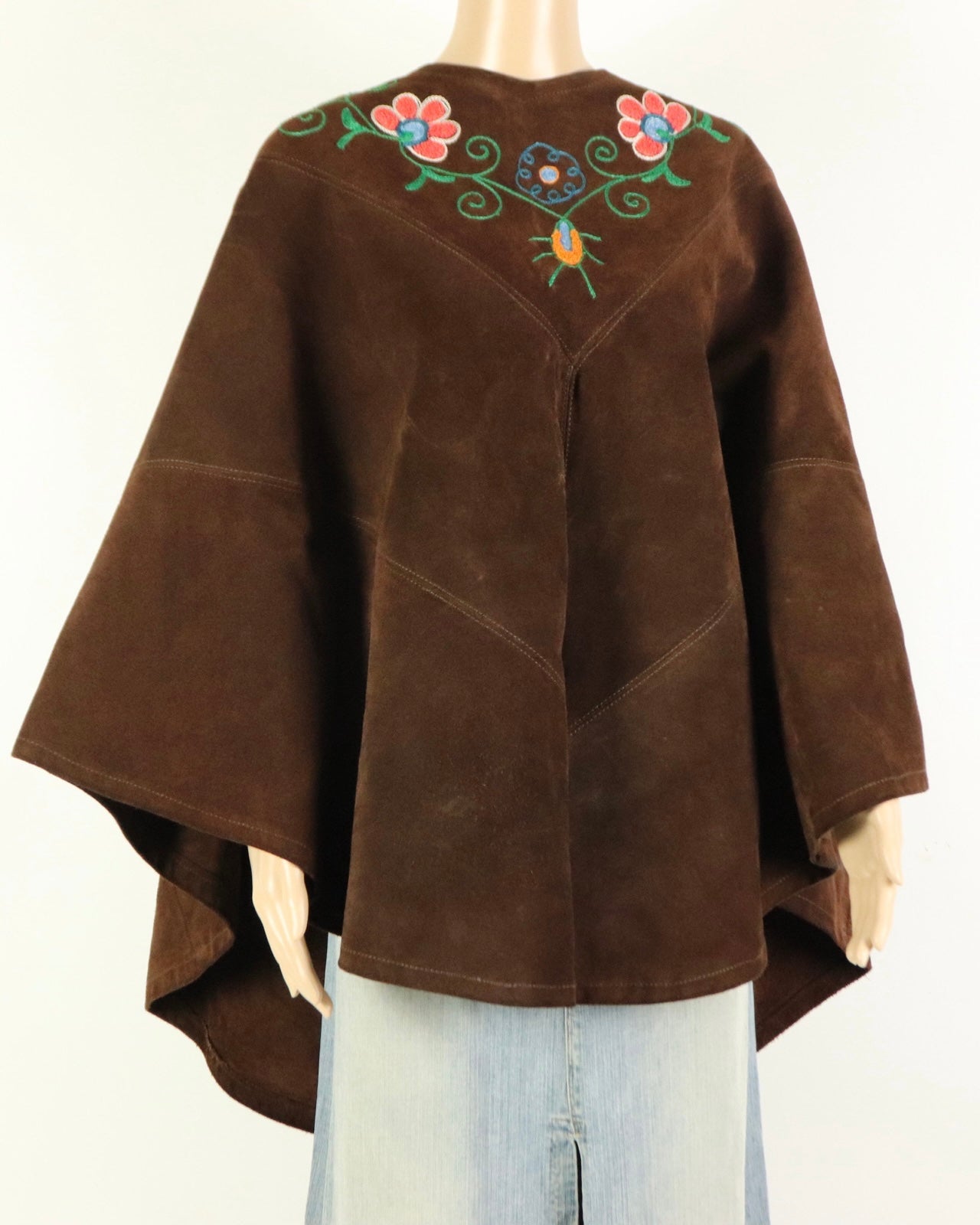 Brown Suede Embroidered Poncho, 1970s Vintage