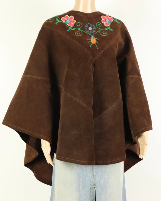 Brown Suede Embroidered Poncho, 1970s Vintage