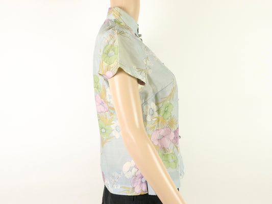 Light Blue Floral Mock Neck Top, 1970s Vintage