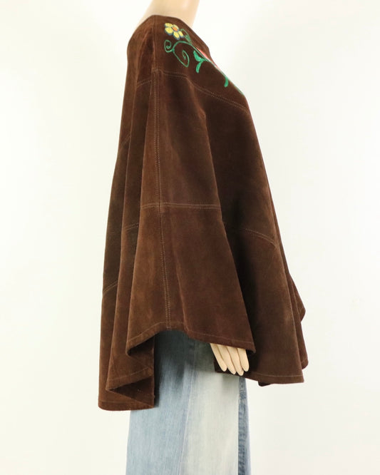 Brown Suede Embroidered Poncho, 1970s Vintage