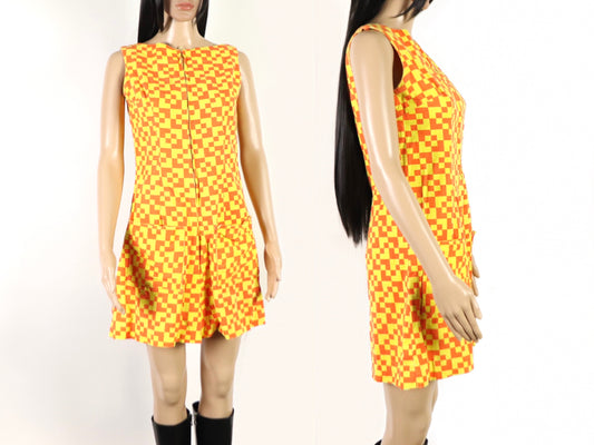 Yellow And Orange Abstract Checkered Romper, 1970s Vintage