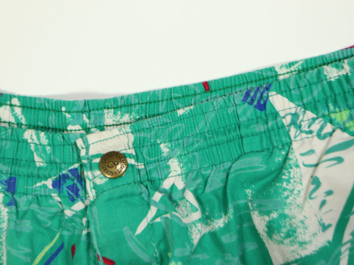 Green Abstract Long Shorts, Ocean Pacific, 1990s Vintage