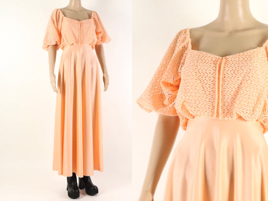 Puff Sleeve Peach Dress, 1970s Vintage