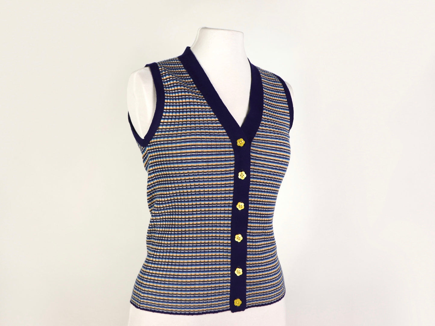 Yellow And Blue Striped Sweater Vest Top, 1970s Vintage