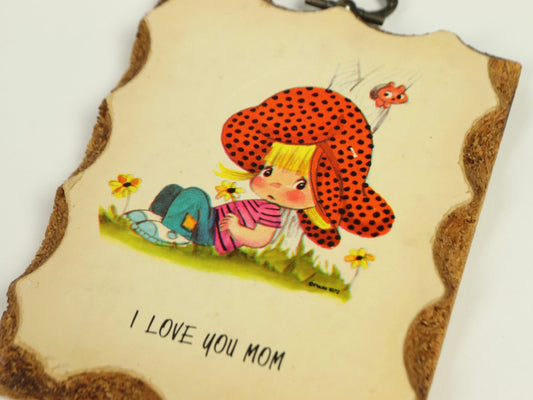 “I Love You Mom” Small Cork Wall Hanging, 1970s Vintage