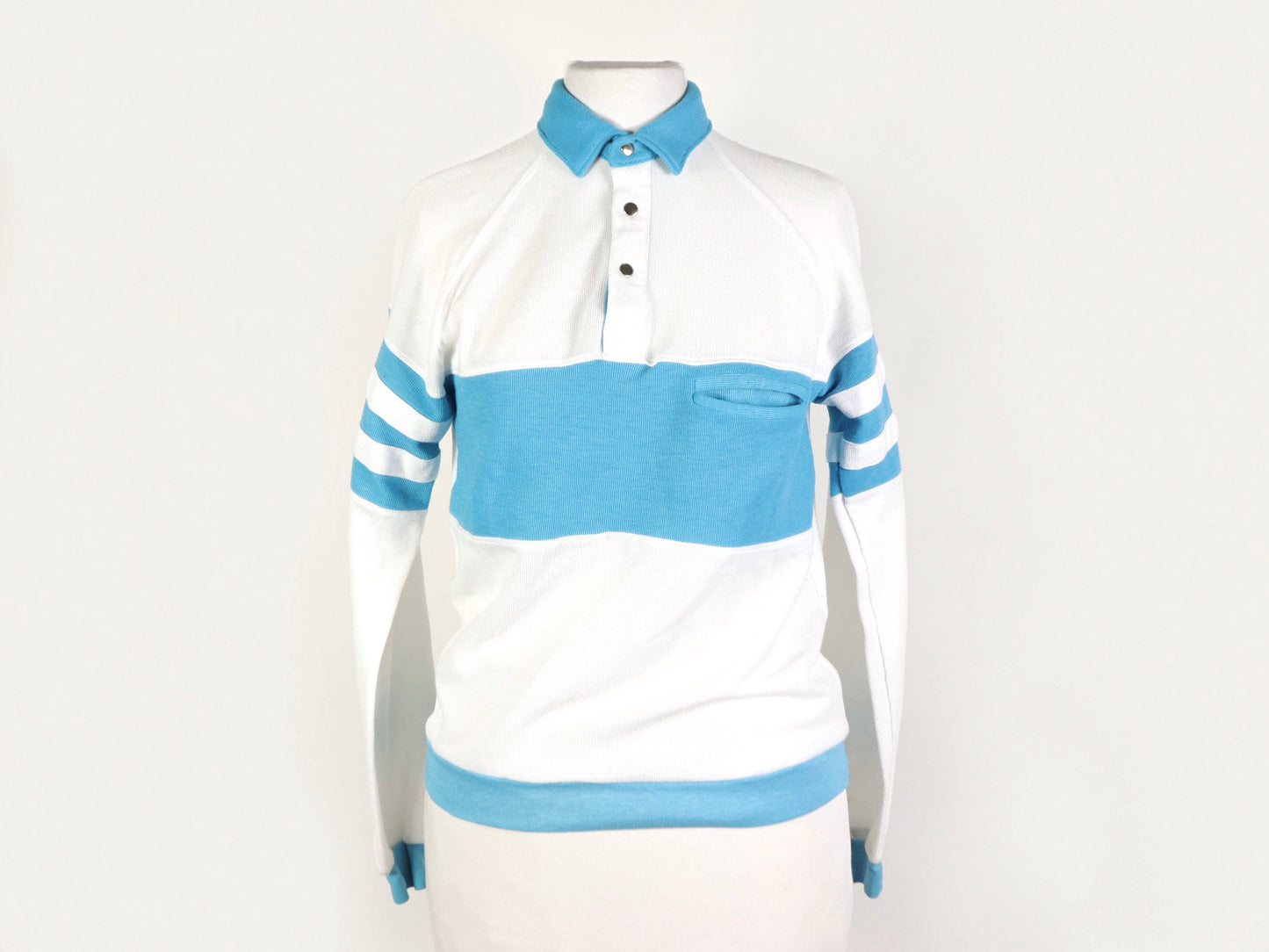 Blue And White Long Sleeve Polo Shirt, 1980s Vintage