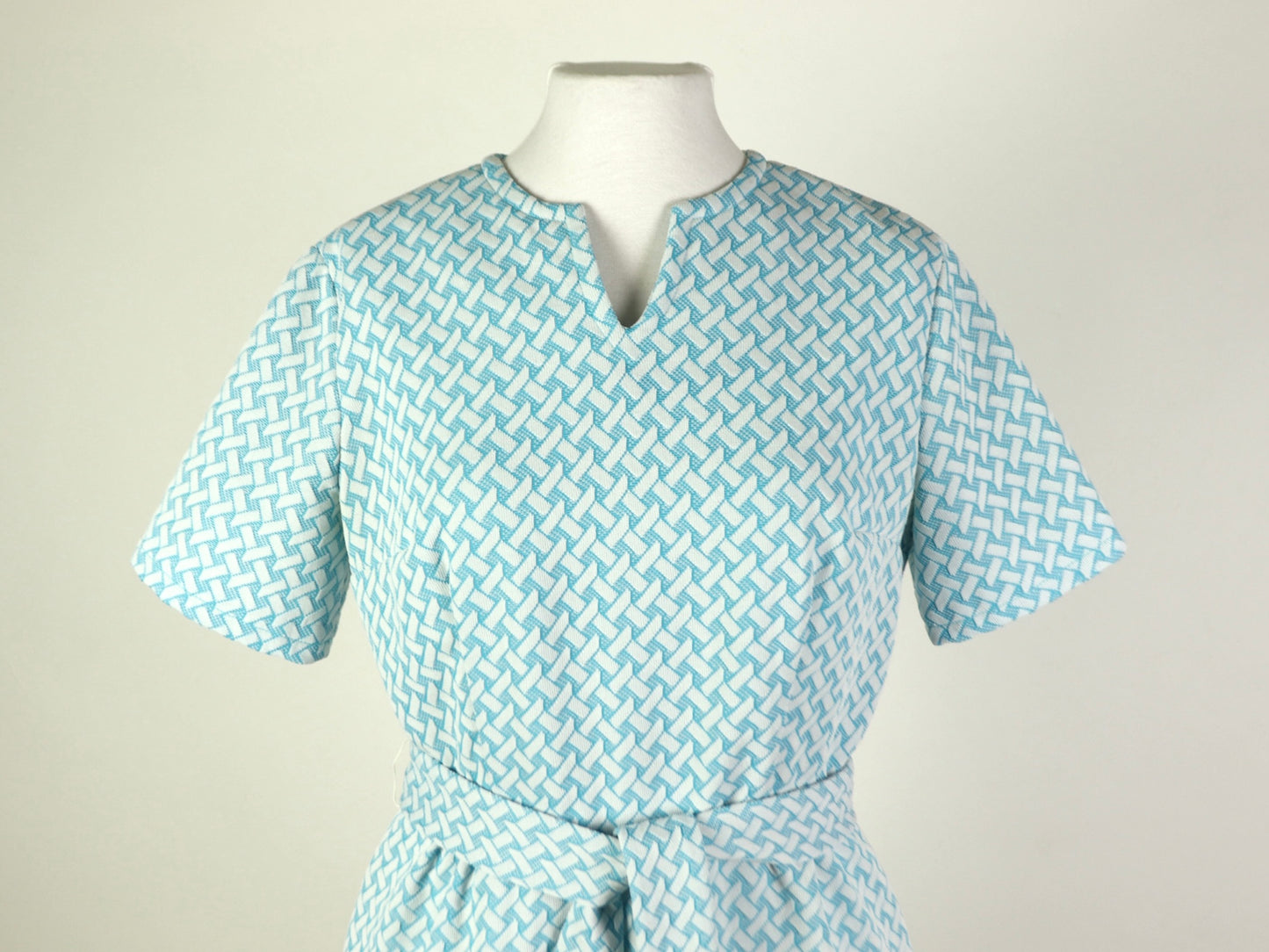 Blue Geometric Short Sleeve Dress, 1970s Vintage