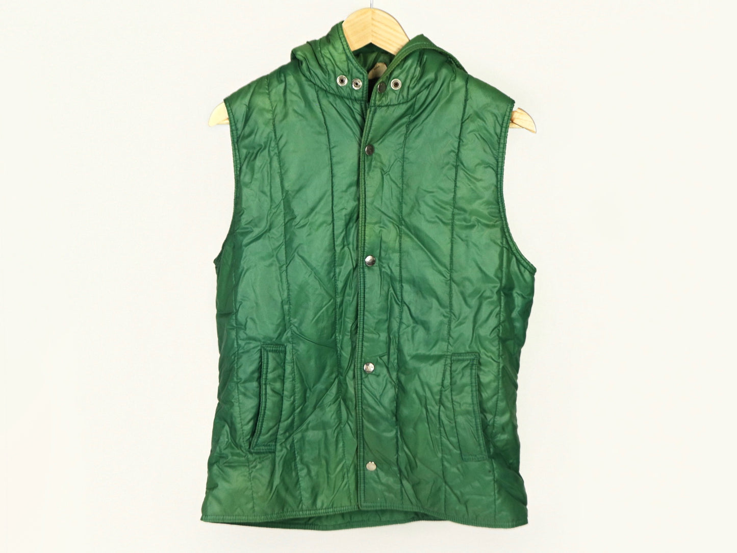 Green Hooded Puffer Vest, 1970s Vintage