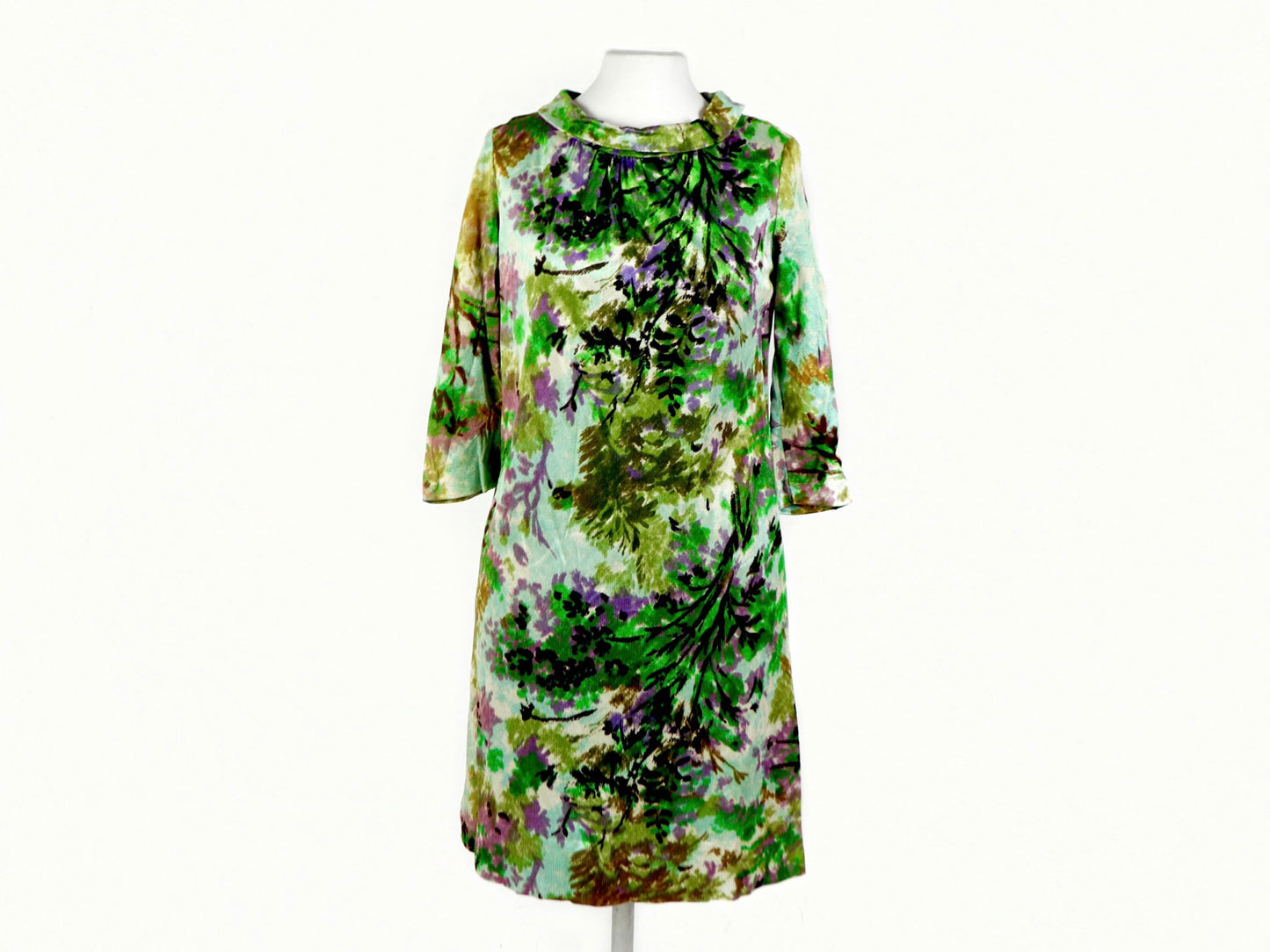 Green Floral Moc-Neck Dress, 1960s Vintage