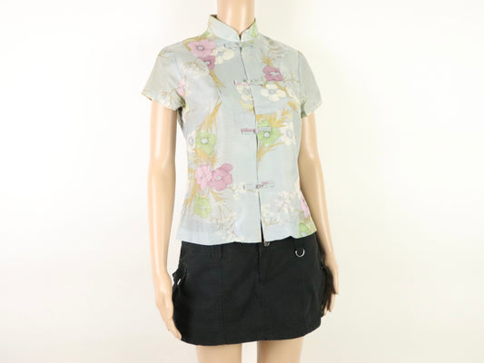 Light Blue Floral Mock Neck Top, 1970s Vintage