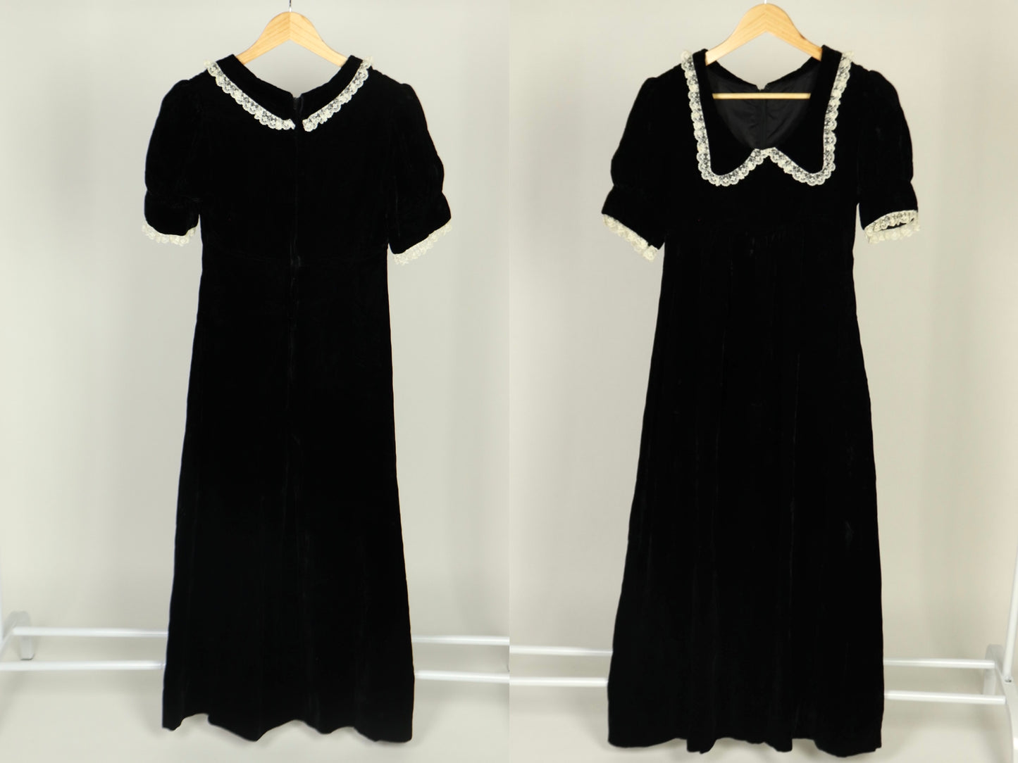 Black Collard Velvet Maxi Dress, 1970s Vintage