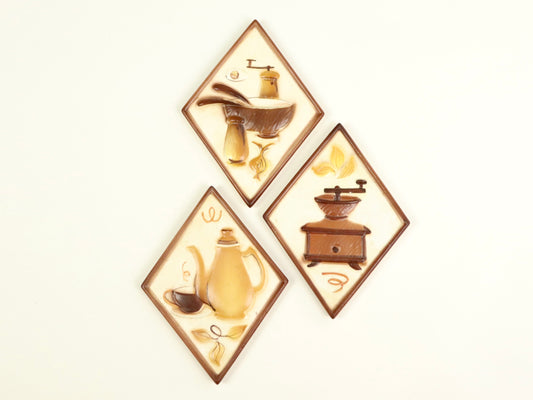 Vintage Lefton Ceramic Kitchen Wall Decor Diamond Shape 3 pieces, Brown, 1950s Vintage