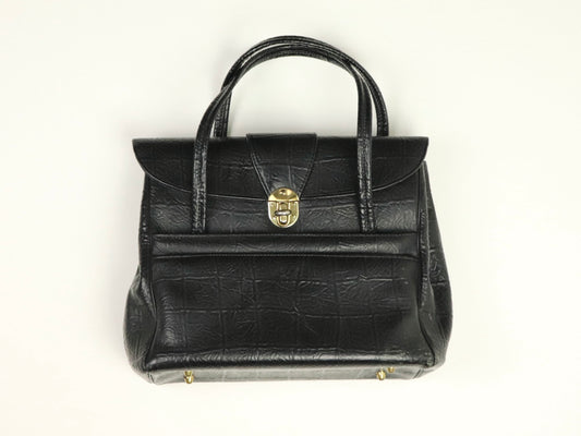 Structured Black Handbag, Croc-Embossed Leather with Gold-Tone Hardware, 1950s Vintage